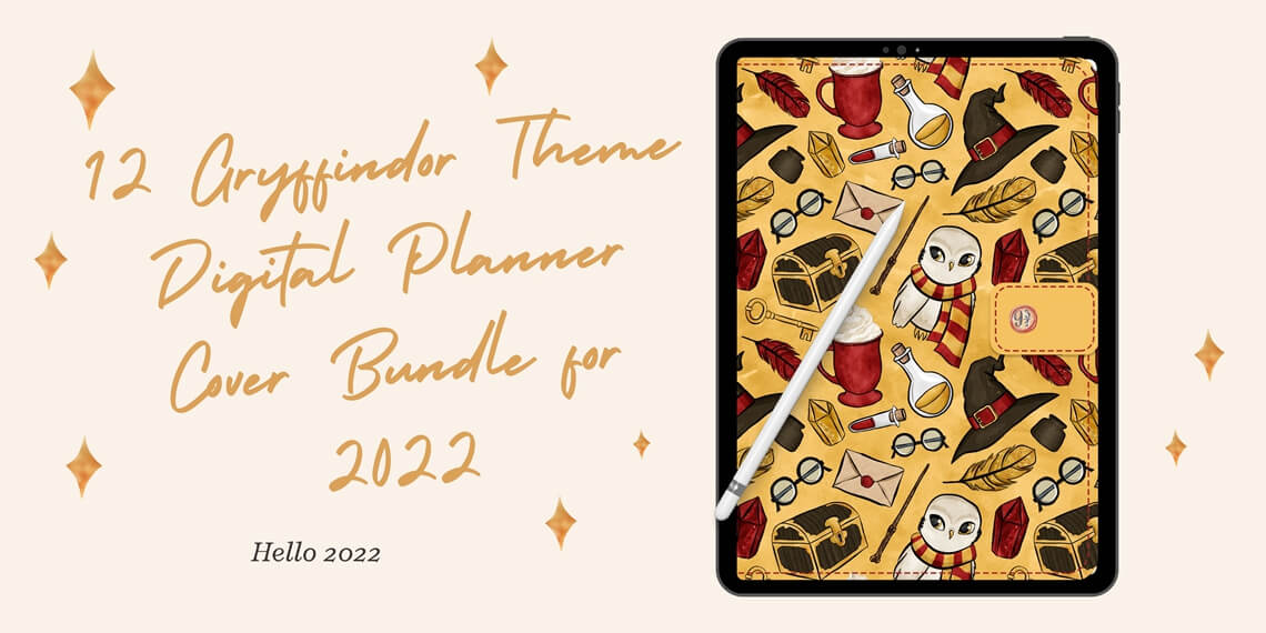 Blog post image of 12 Gryffindor Theme digital Planner Cover Bundle 2022
