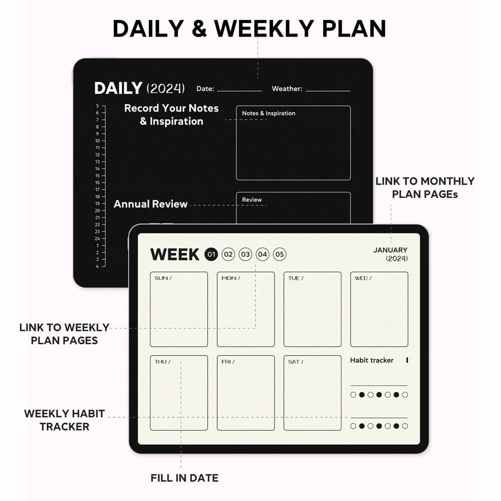 Two Color Themes Minimalist Digital Daily Planner 2024 template for GoodNotes & Notability